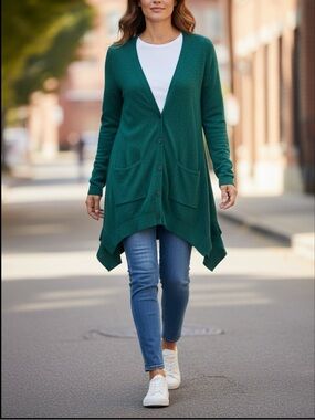 Free People Relaxed Fit Button Front Long Line Shark Bite Cardigan Green